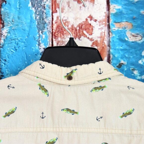 Men's Modern Amusement Shirt Fish Print Long Sleeve Button Up Pocket MEDIUM Beig - Picture 8 of 11